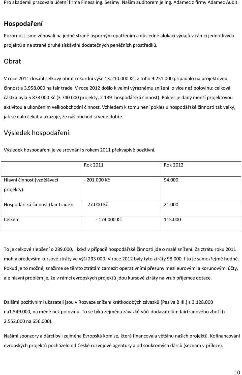 Obrat V roce 2011 dosáhl celkový obrat rekordní výše 13.210.000 Kč, z toho 9.251.000 připadalo na projektovou činnost a 3.958.000 na fair trade.