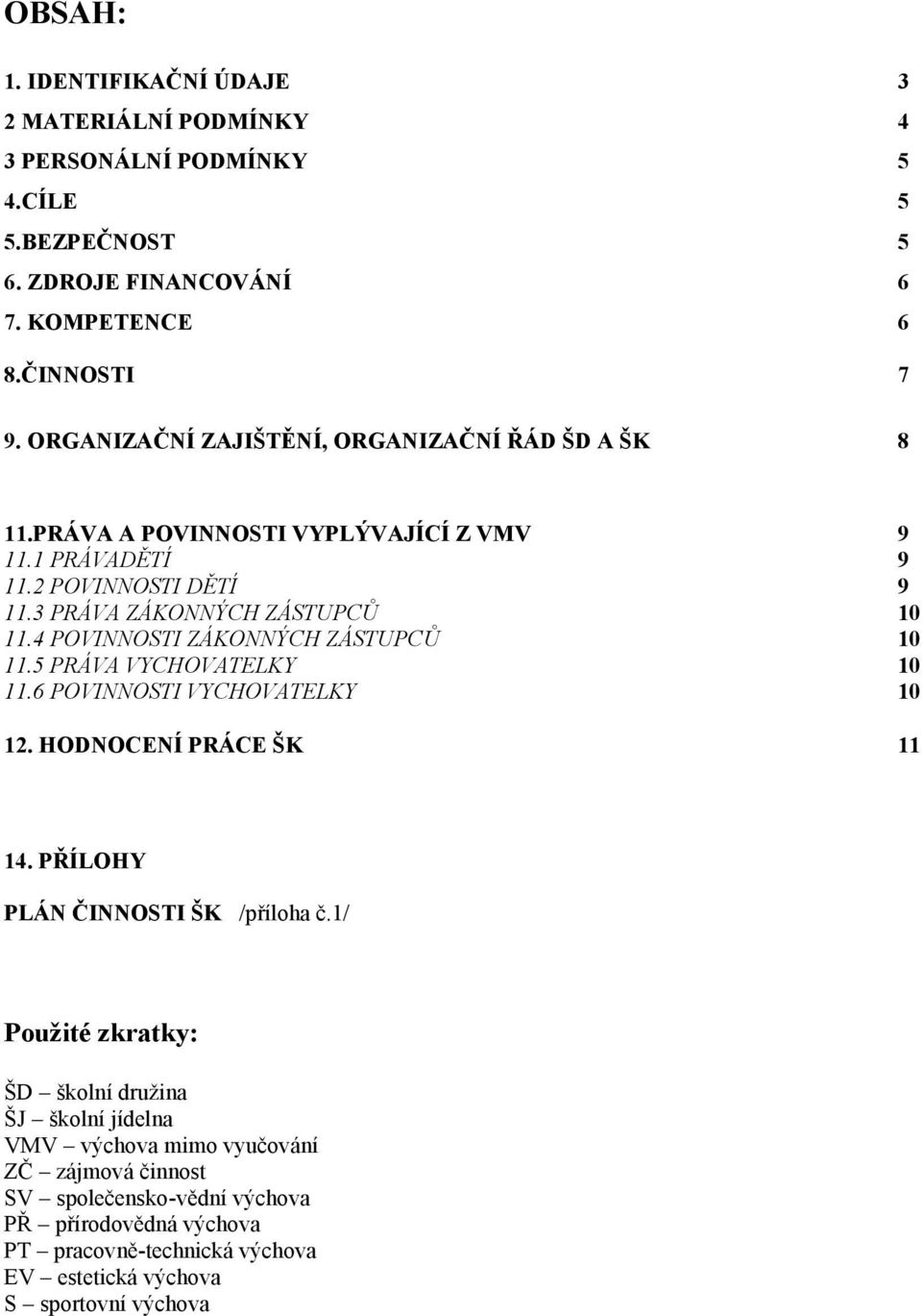 4 POVINNOSTI ZÁKONNÝCH ZÁSTUPCŮ 10 11.5 PRÁVA VYCHOVATELKY 10 11.6 POVINNOSTI VYCHOVATELKY 10 12. HODNOCENÍ PRÁCE ŠK 11 14. PŘÍLOHY PLÁN ČINNOSTI ŠK /příloha č.