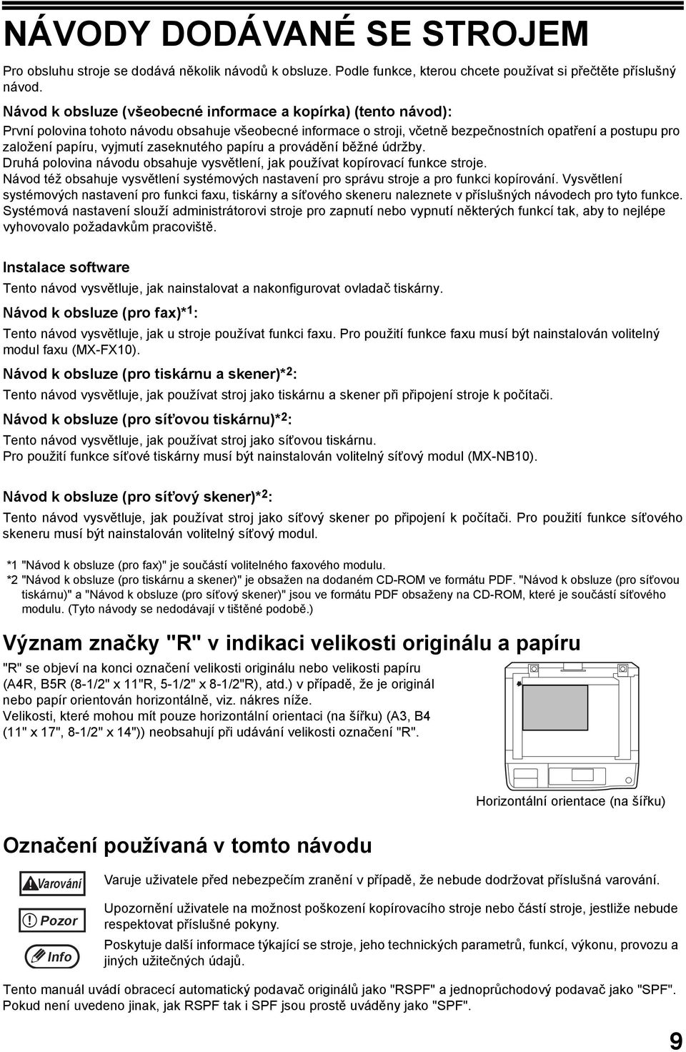 vyjmutí zaseknutého papíru a provádění běžné údržby. Druhá polovina návodu obsahuje vysvětlení, jak používat kopírovací funkce stroje.