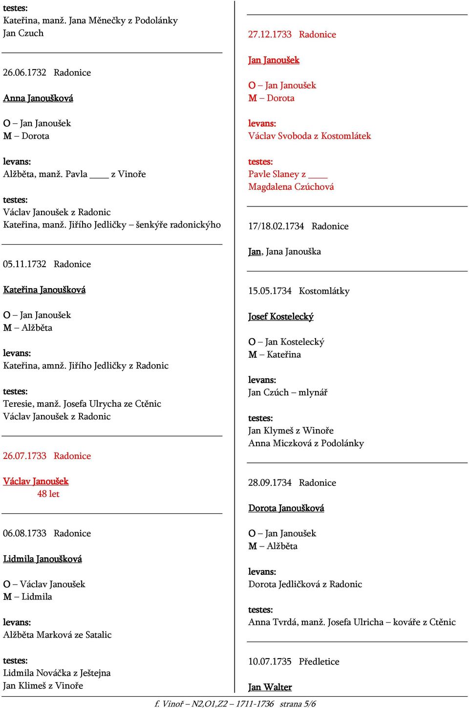 1733 Radonice Václav Janoušek 48 let 06.08.1733 Radonice Lidmila Janoušková O Václav Janoušek M Lidmila Alžběta Marková ze Satalic 27.12.