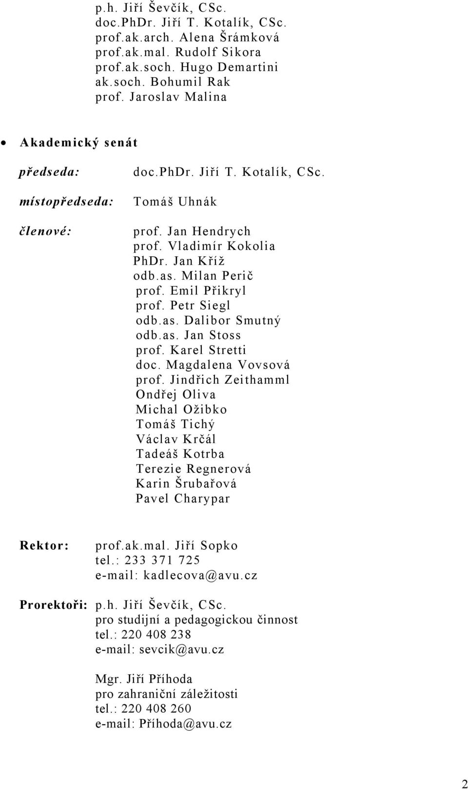 Emil Přikryl prof. Petr Siegl odb.as. Dalibor Smutný odb.as. Jan Stoss prof. Karel Stretti doc. Magdalena Vovsová prof.