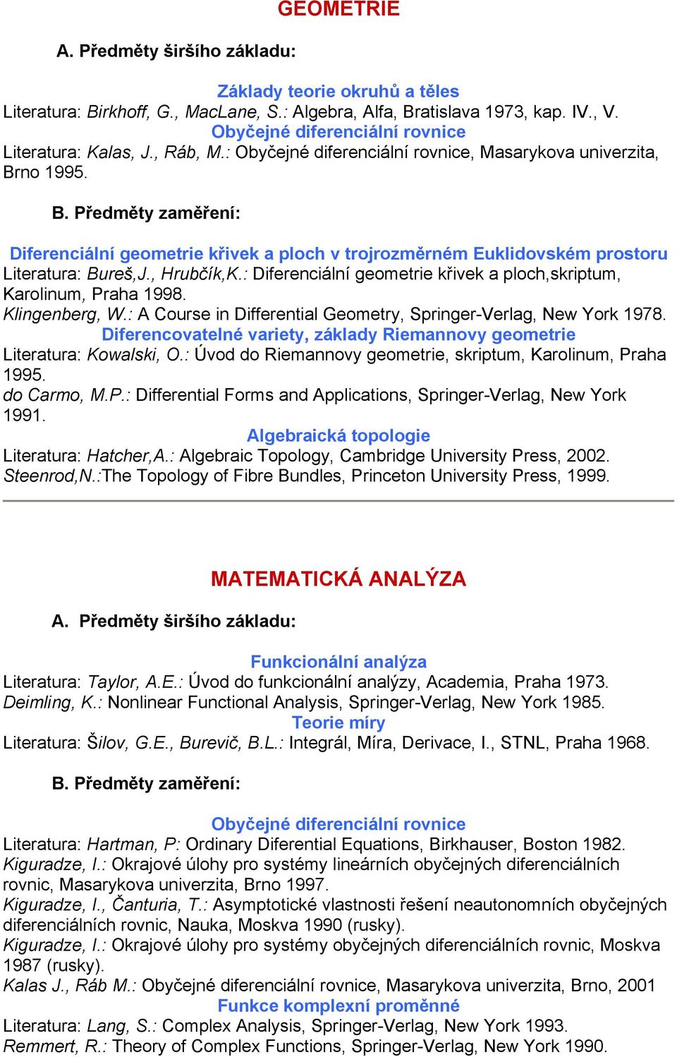 : Diferenciální geometrie křivek a ploch,skriptum, Karolinum, Praha 1998. Klingenberg, W.: A Course in Differential Geometry, Springer-Verlag, New York 1978.