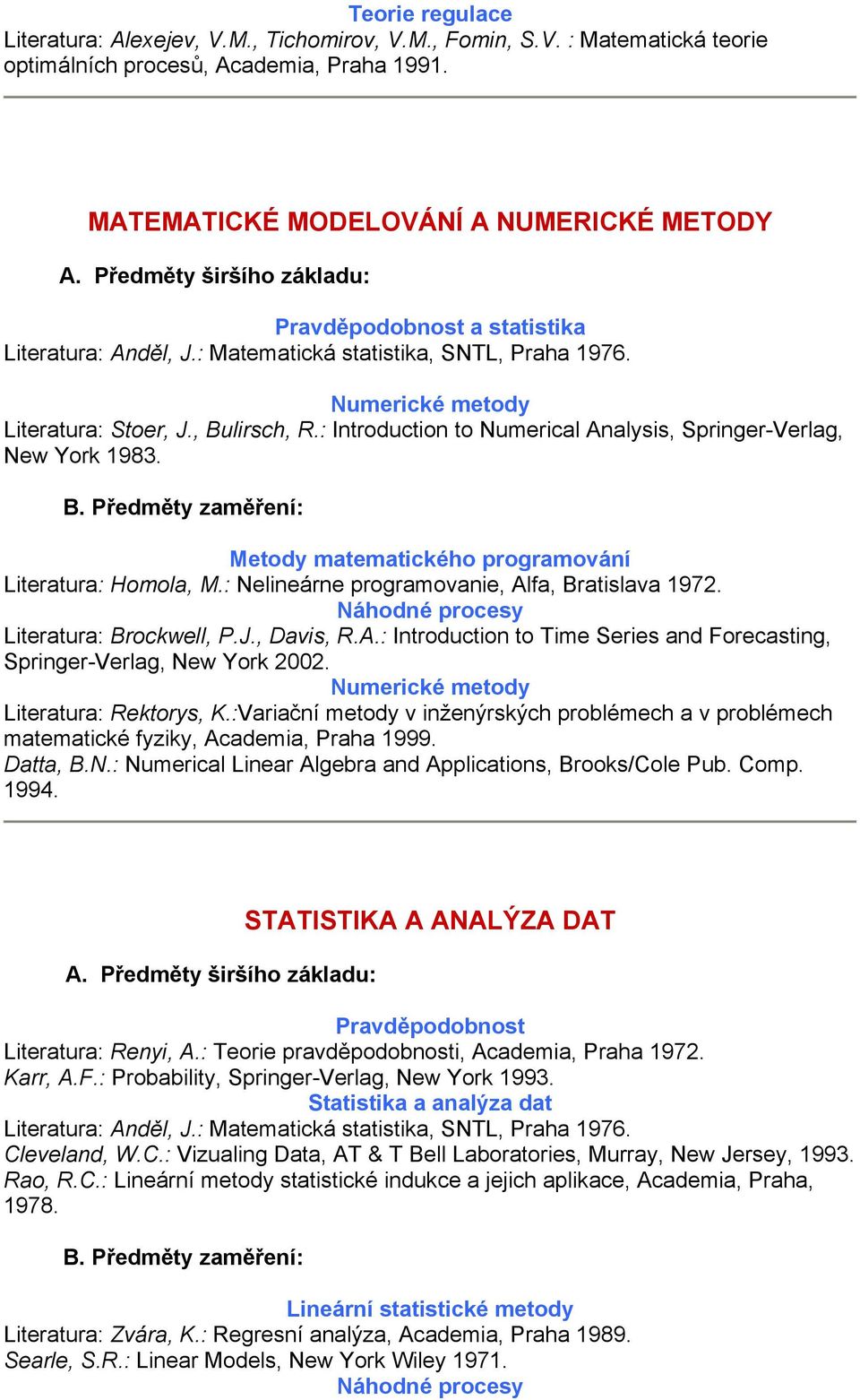 : Introduction to Numerical Analysis, Springer-Verlag, New York 1983. Metody matematického programování Literatura: Homola, M.: Nelineárne programovanie, Alfa, Bratislava 1972.
