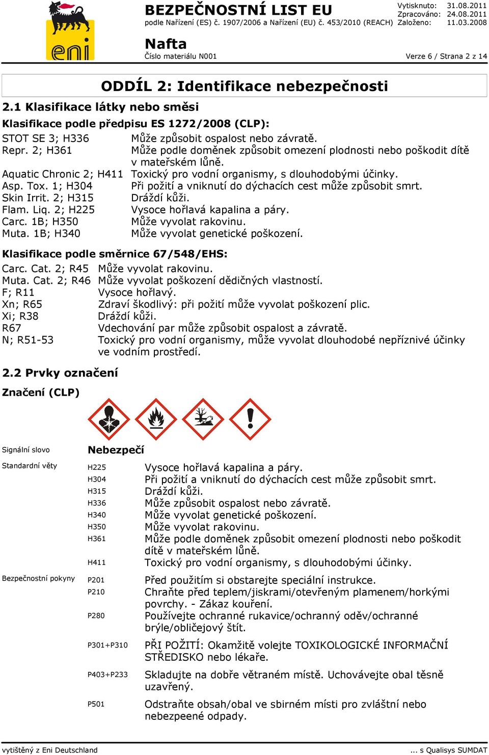 1 Klasifikace látky nebo směsi ODDÍL 2: Identifikace nebezpečnosti Klasifikace podle předpisu ES 1272/2008 (CLP): STOT SE 3; H336 Může způsobit ospalost nebo závratě. Repr.