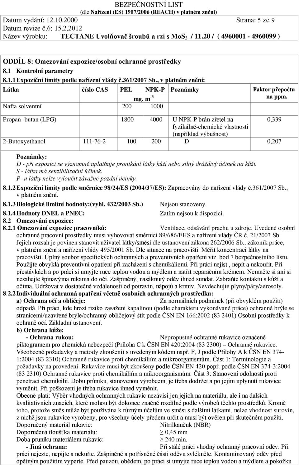 m -3 Nafta solventní 200 1000 Propan -butan (LPG) 1800 4000 U NPK-P brán zřetel na 0,339 fyzikálně-chemické vlastnosti (například výbušnost) 2-Butoxyethanol 111-76-2 100 200 D 0,207 Poznámky: D - při