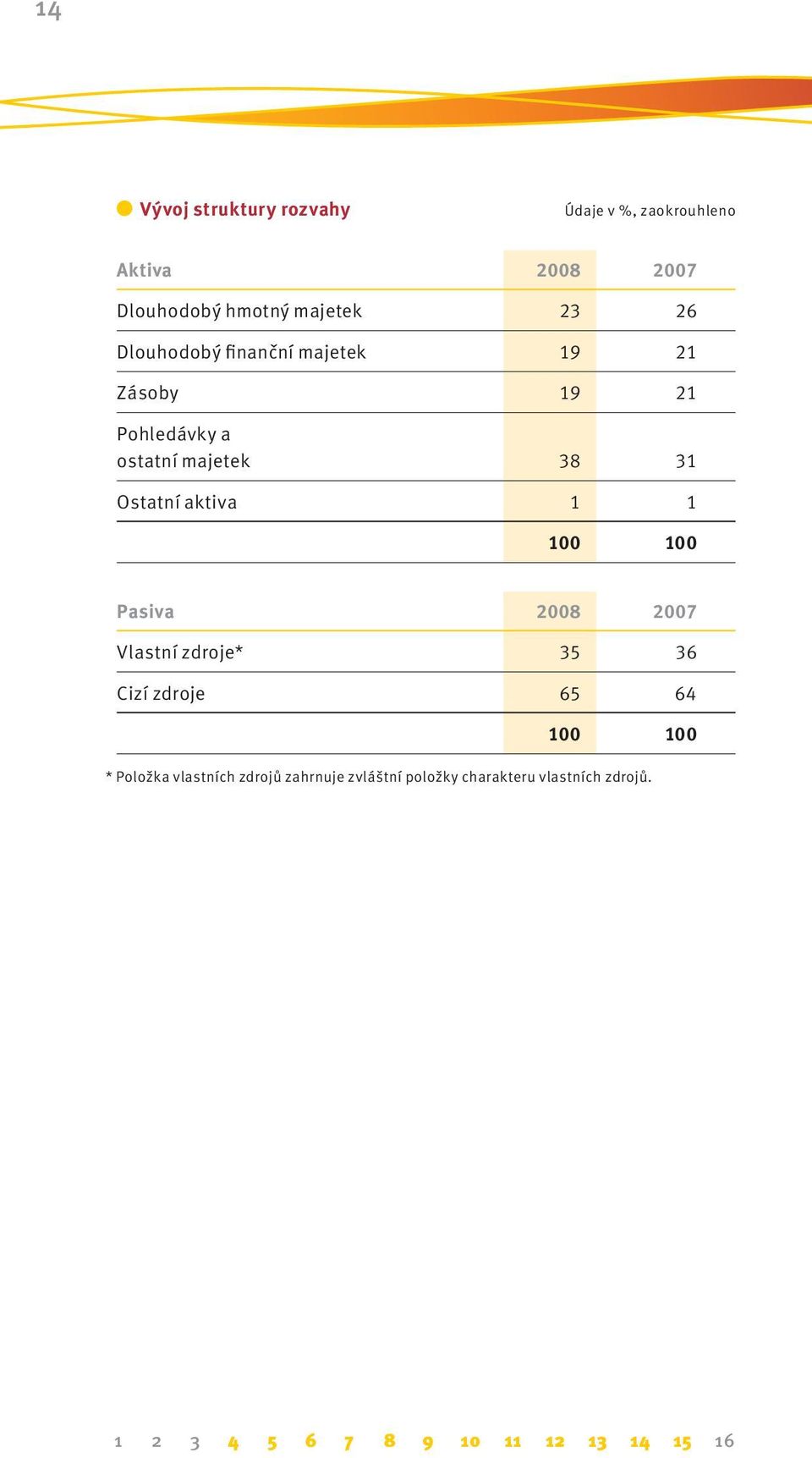 aktiva 1 1 100 100 Pasiva 2008 2007 Vlastní zdroje* 35 36 Cizí zdroje 65 64 100 100 * Položka