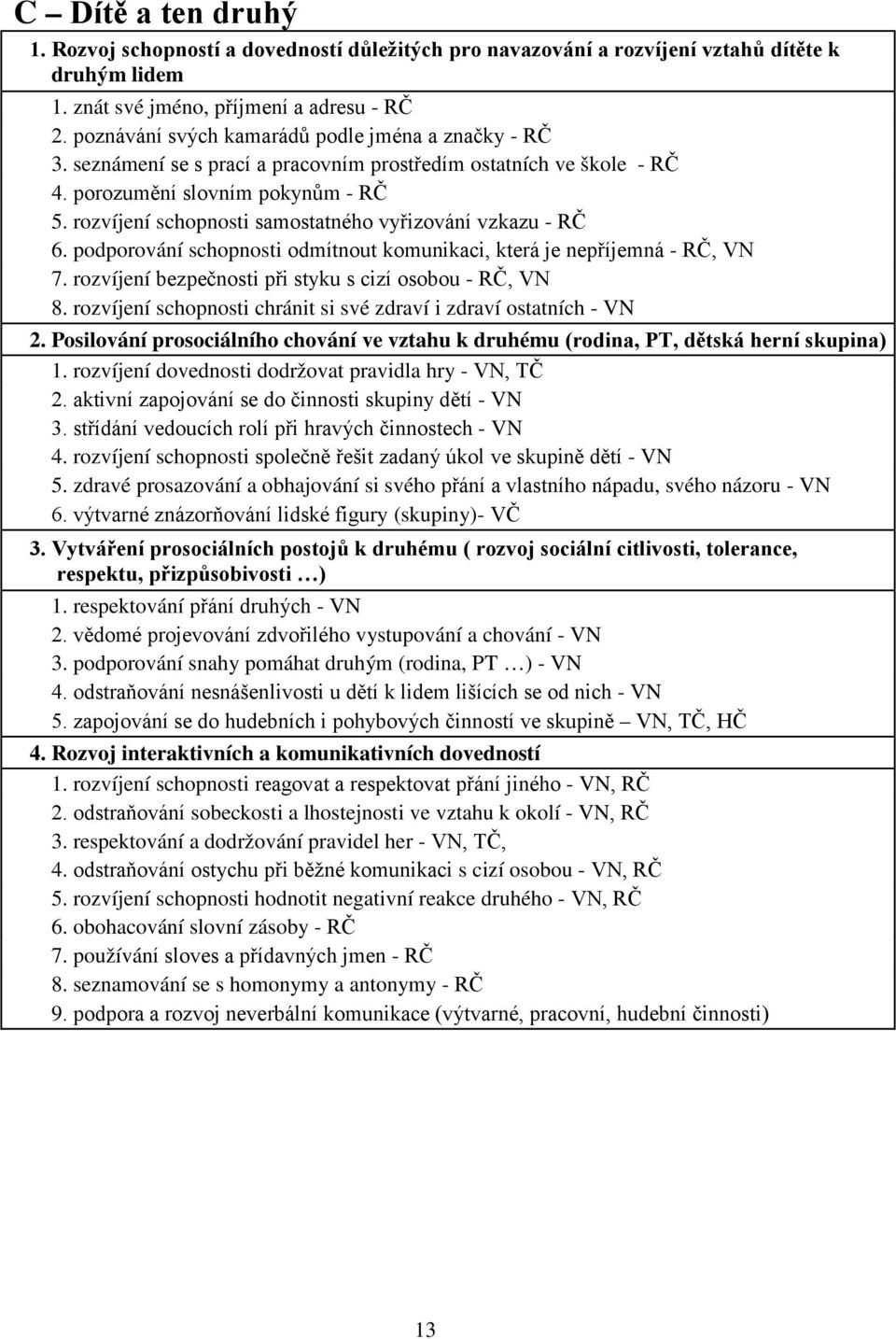 rozvíjení schopnosti samostatného vyřizování vzkazu - RČ 6. podporování schopnosti odmítnout komunikaci, která je nepříjemná - RČ, VN 7. rozvíjení bezpečnosti při styku s cizí osobou - RČ, VN 8.
