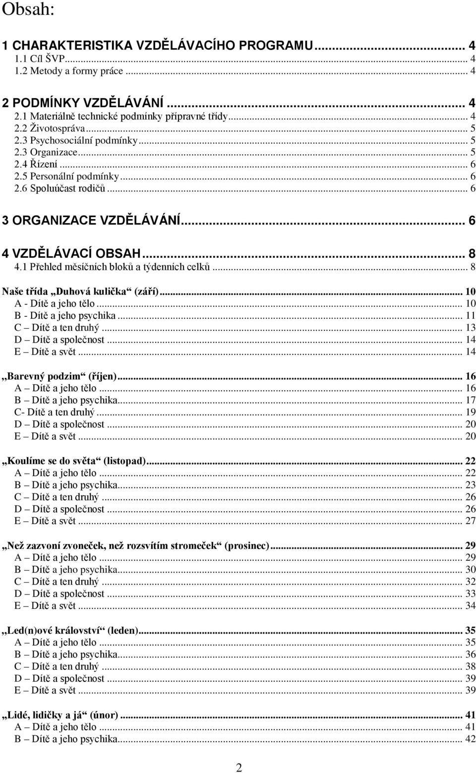 1 Přehled měsíčních bloků a týdenních celků... 8 Naše třída Duhová kulička (září)... 10 A - Dítě a jeho tělo... 10 B - Dítě a jeho psychika... 11 C Dítě a ten druhý... 13 D Dítě a společnost.