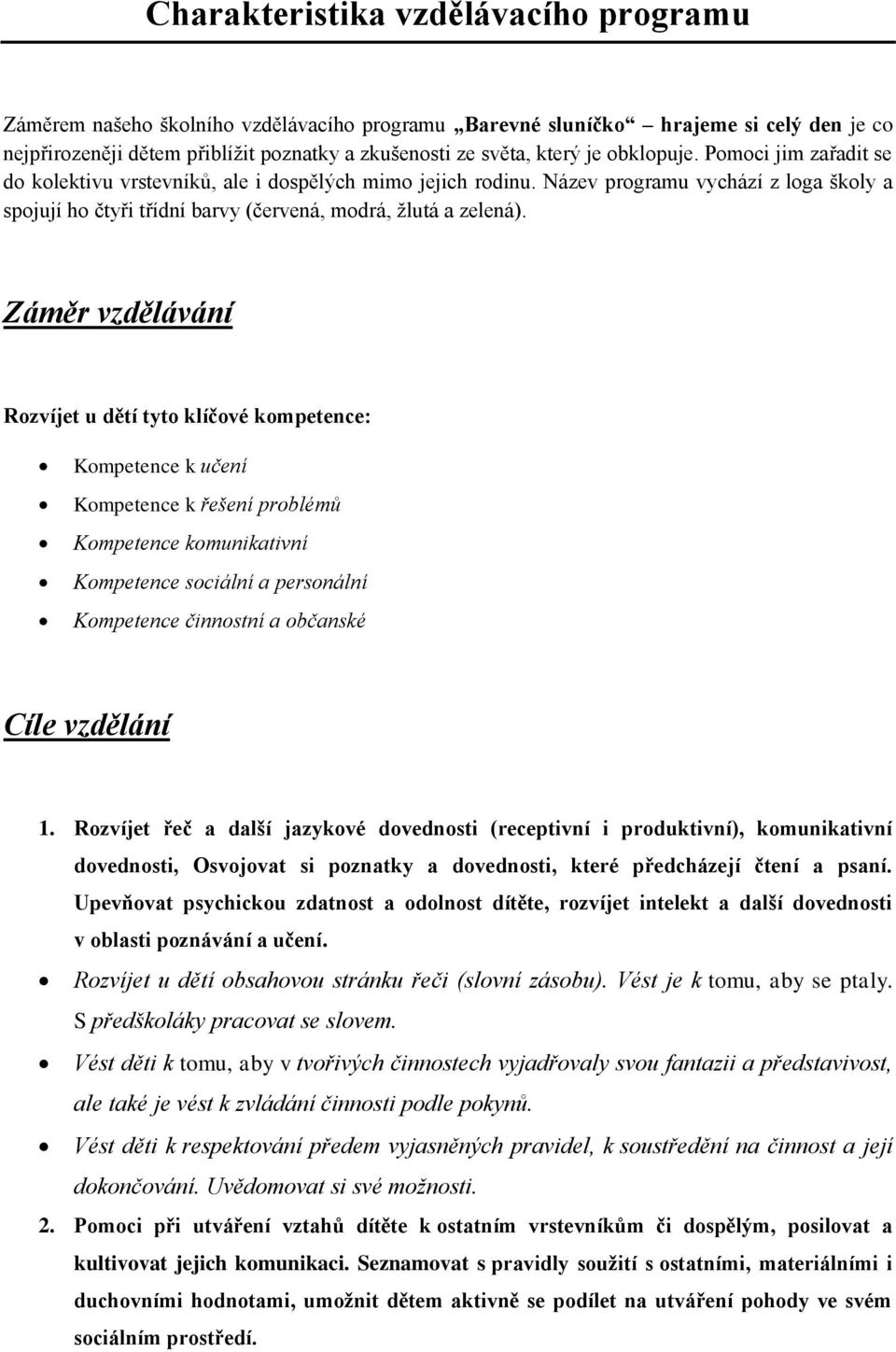 Záměr vzdělávání Rozvíjet u dětí tyto klíčové kompetence: Kompetence k učení Kompetence k řešení problémů Kompetence komunikativní Kompetence sociální a personální Kompetence činnostní a občanské