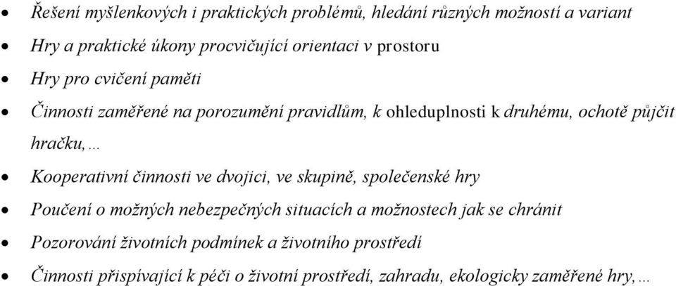 Kooperativní činnosti ve dvojici, ve skupině, společenské hry Poučení o možných nebezpečných situacích a možnostech jak se