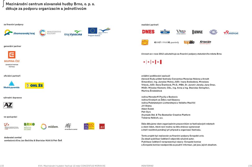 děkuje za podporu organizacím a jednotlivcům mediální partneři generální partner činnost se v roce 2012 uskutečňuje statutárního města Brna oficiální partneři výhradní dopravce ve spolupráci zvláštní