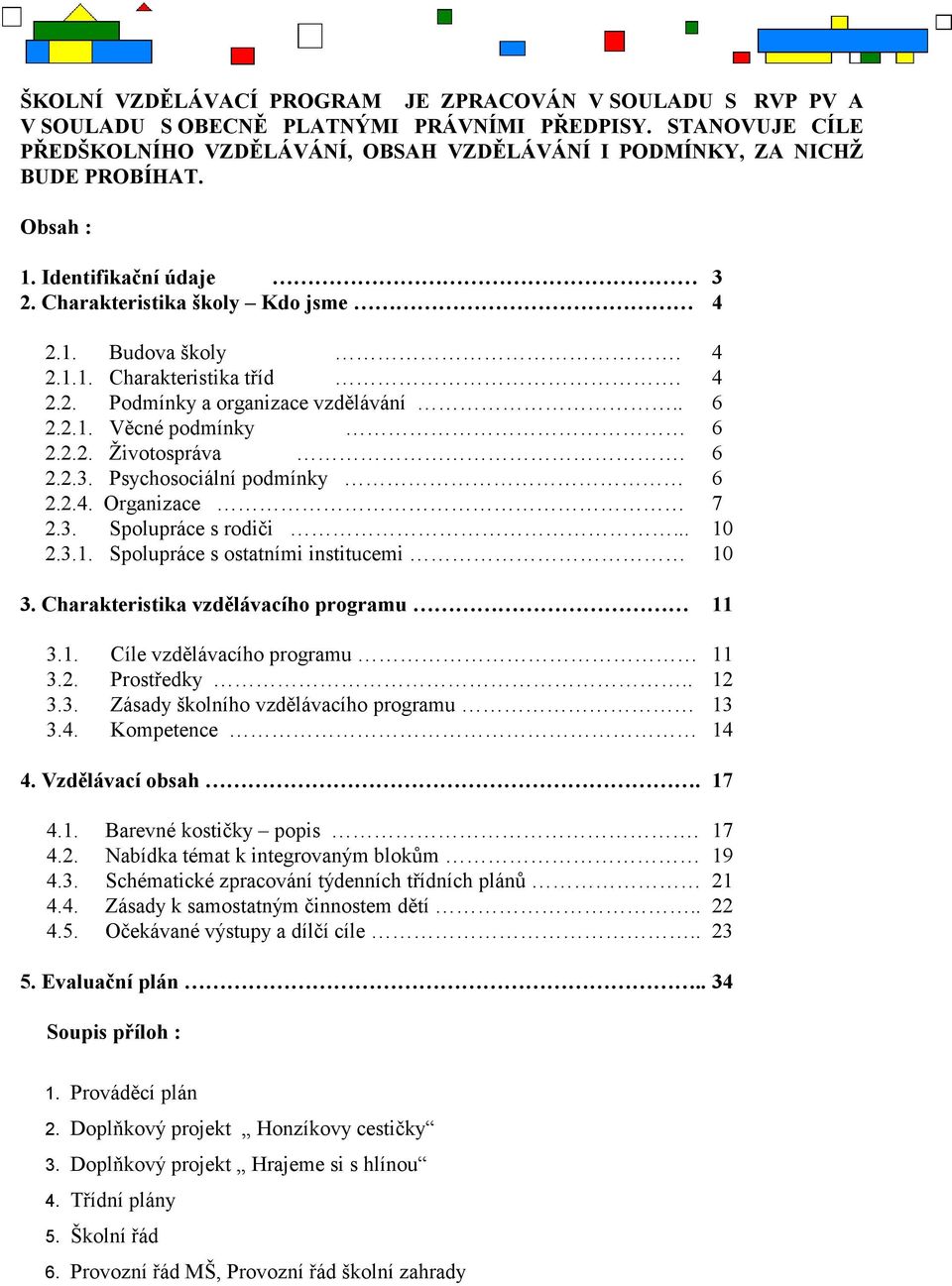 6 2.2.3. Psychosociální podmínky 6 2.2.4. Organizace 7 2.3. Spolupráce s rodiči... 10 2.3.1. Spolupráce s ostatními institucemi 10 3. Charakteristika vzdělávacího programu 11 3.1. Cíle vzdělávacího programu 11 3.