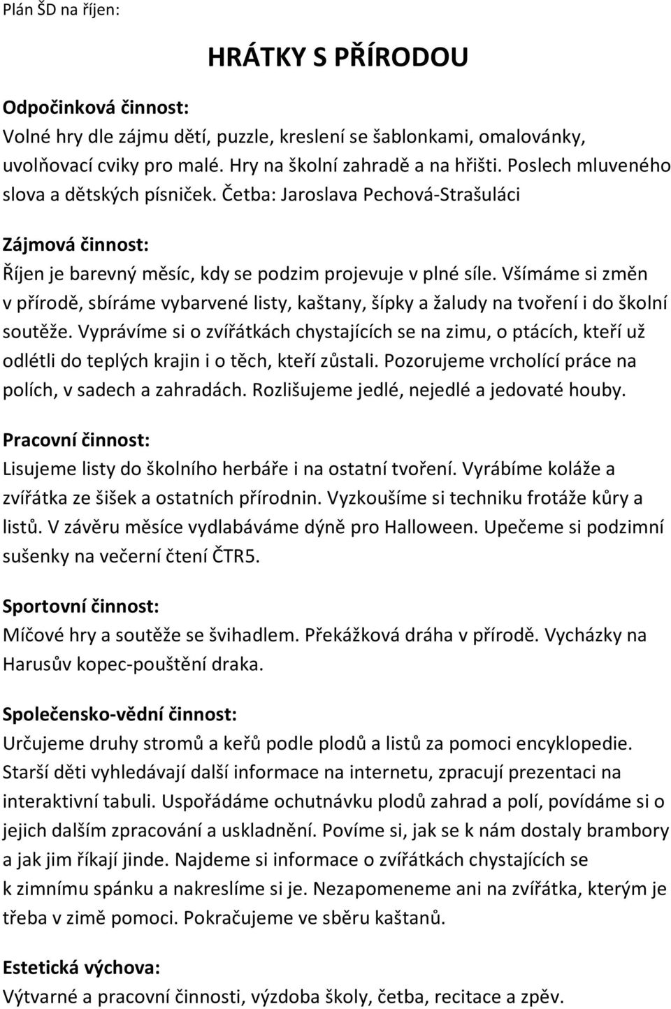 Všímáme si změn v přírodě, sbíráme vybarvené listy, kaštany, šípky a žaludy na tvoření i do školní soutěže.