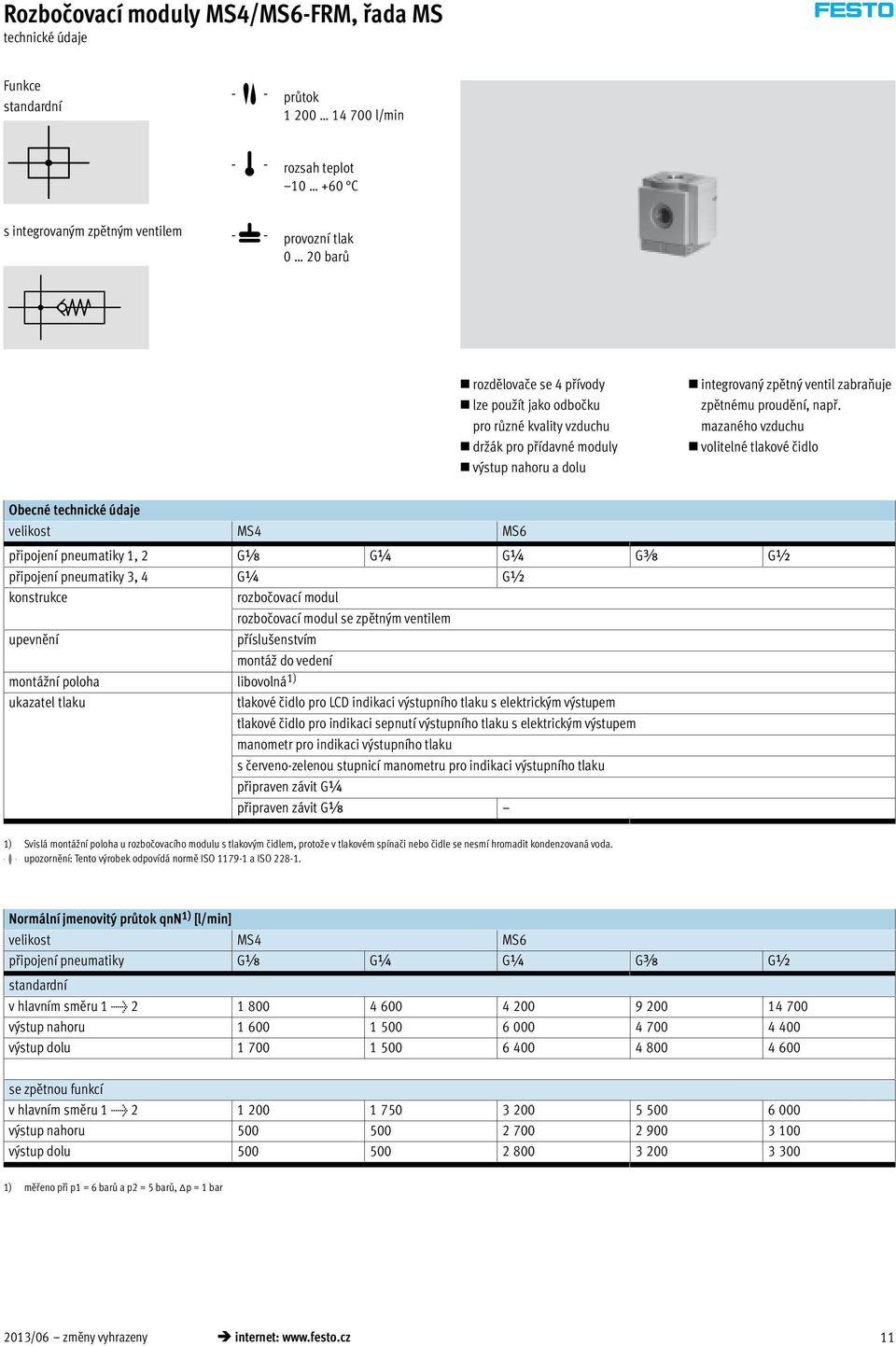 mazaného vzduchu volitelné tlakové čidlo Obecné technické údaje velikost MS4 MS6 připojení pneumatiky 1, 2 Gx G¼ G¼ Gy G½ připojení pneumatiky 3, 4 G¼ G½ konstrukce rozbočovací modul rozbočovací