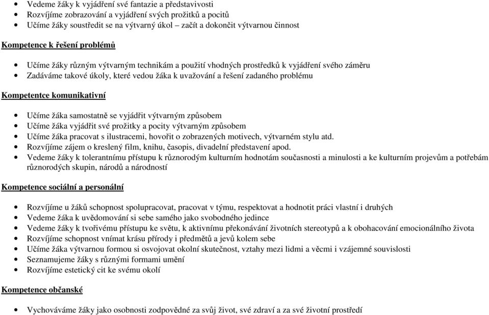 Kompetentce komunikativní Učíme žáka samostatně se vyjádřit výtvarným způsobem Učíme žáka vyjádřit své prožitky a pocity výtvarným způsobem Učíme žáka pracovat s ilustracemi, hovořit o zobrazených