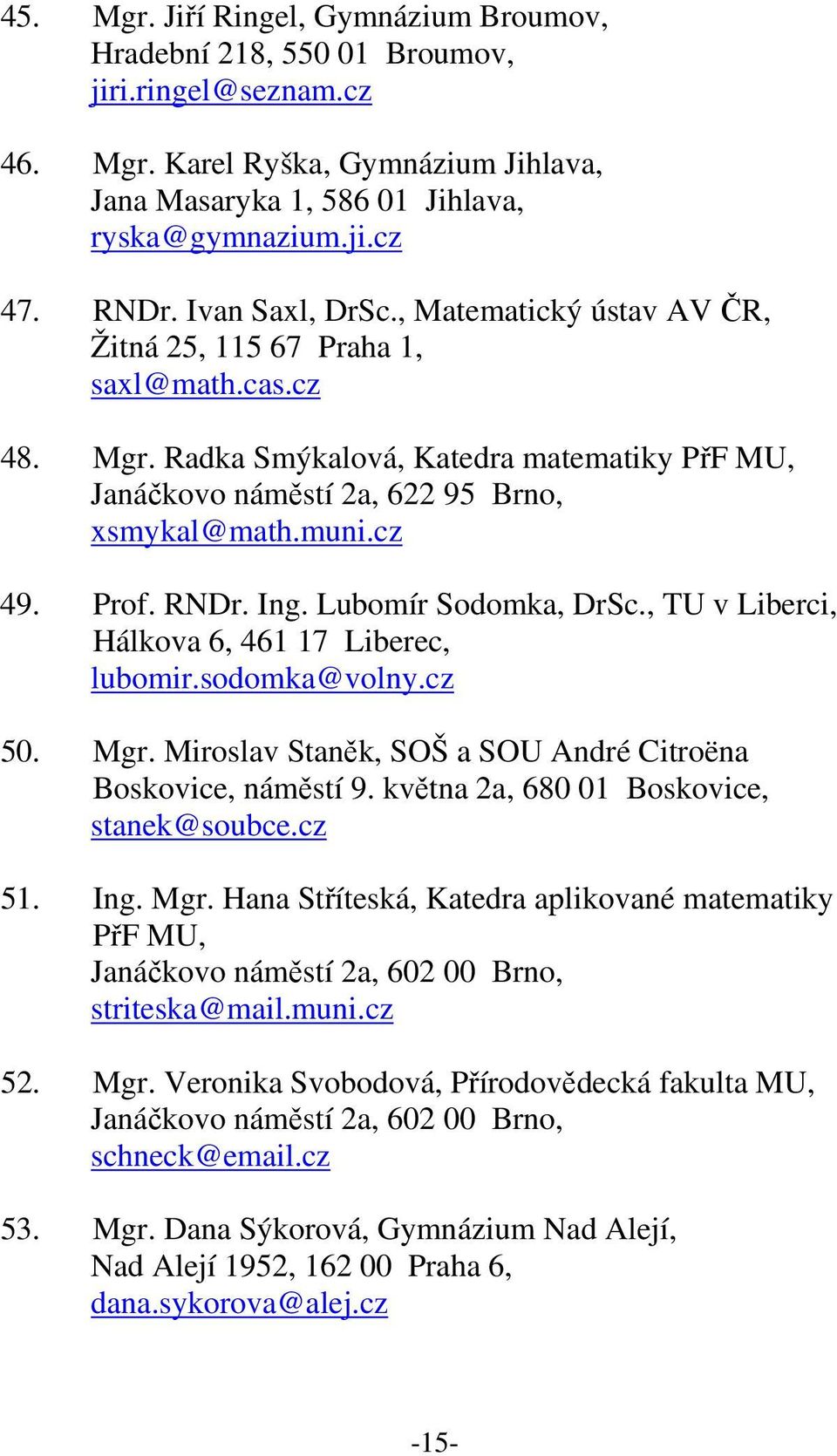 Prof. RNDr. Ing. Lubomír Sodomka, DrSc., TU v Liberci, Hálkova 6, 461 17 Liberec, lubomir.sodomka@volny.cz 50. Mgr. Miroslav Staněk, SOŠ a SOU André Citroëna Boskovice, náměstí 9.