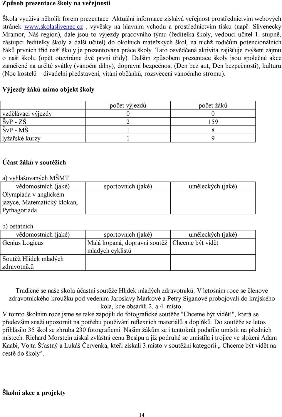 stupně, zástupci ředitelky školy a další učitel) do okolních mateřských škol, na nichž rodičům potencionálních žáků prvních tříd naší školy je prezentována práce školy.