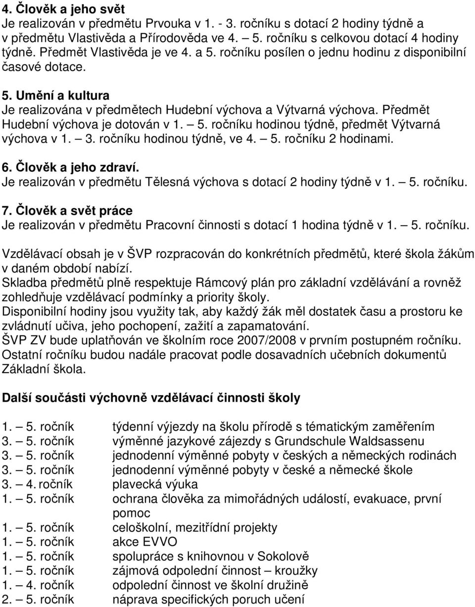 Předmět Hudební výchova je dotován v. 5. ročníku hodinou týdně, předmět Výtvarná výchova v. 3. ročníku hodinou týdně, ve 4. 5. ročníku hodinami. 6. Člověk a jeho zdraví.