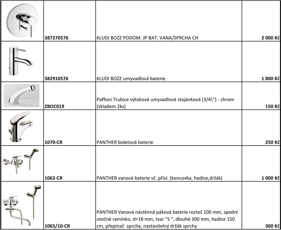 (3/4\") - chrom (skladem 2ks) 150 Kč 1070-CR PANTHER bidetová baterie 250 Kč 1062-CR PANTHER vanová baterie vč. přísl.