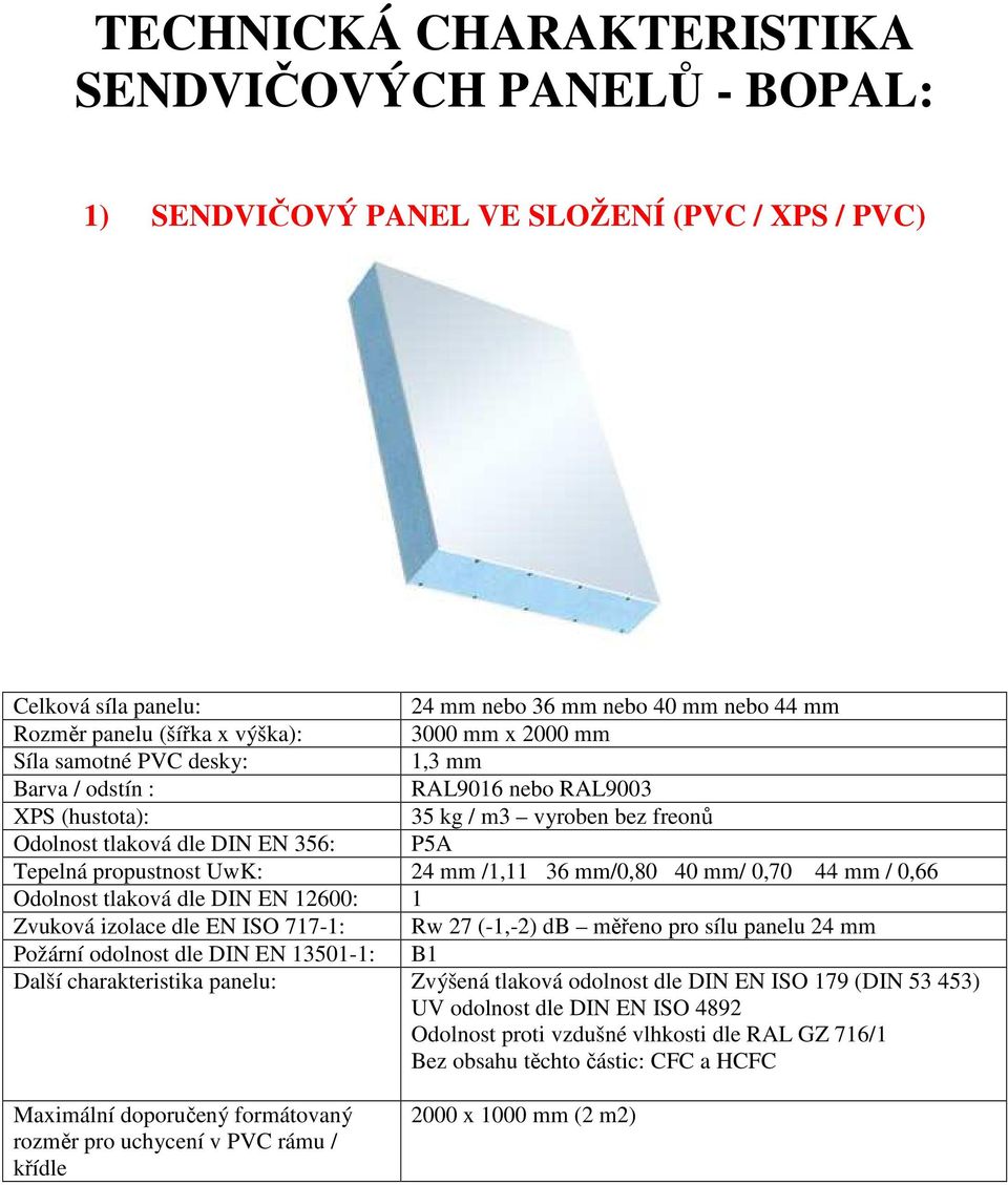 mm/0,80 40 mm/ 0,70 44 mm / 0,66 Další charakteristika panelu: Zvýšená tlaková odolnost dle DIN EN ISO 179 (DIN 53 453) UV