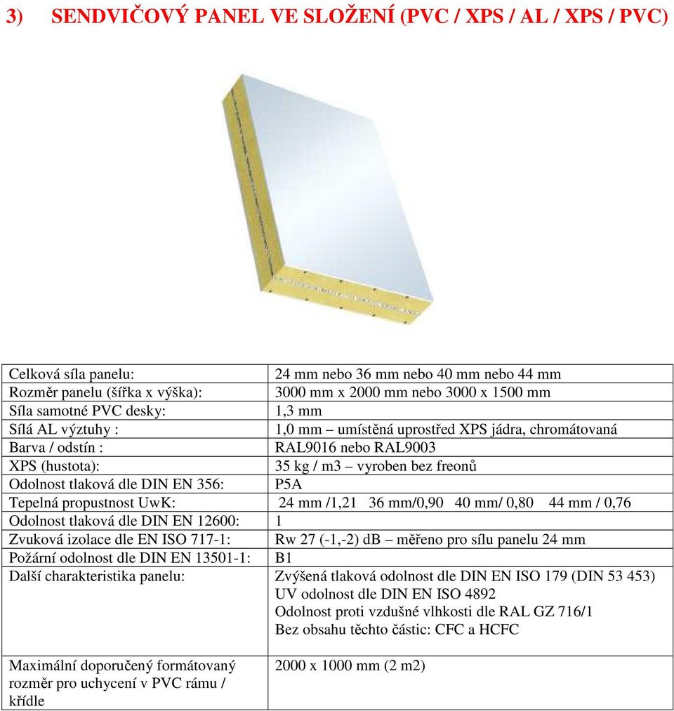 UwK: 24 mm /1,21 36 mm/0,90 40 mm/ 0,80 44 mm / 0,76 Další charakteristika panelu: Zvýšená tlaková odolnost dle DIN EN ISO 179 (DIN 53