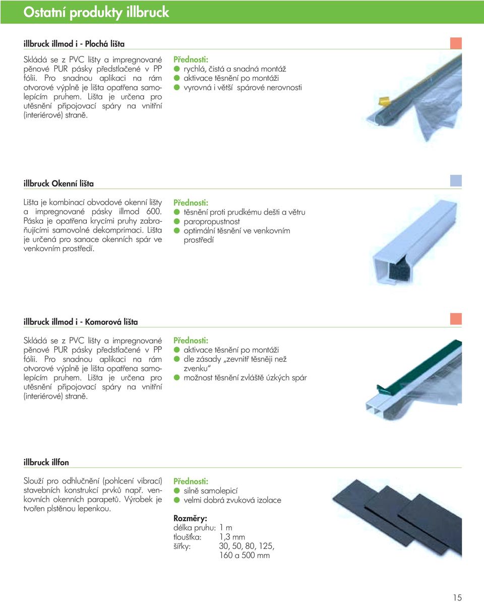 : rychlá, čistá a snadná montáž aktivace těsnění po montáži vyrovná i větší spárové nerovnosti illbruck Okenní li ta Lišta je kombinací obvodové okenní lišty a impregnované pásky illmod 600.