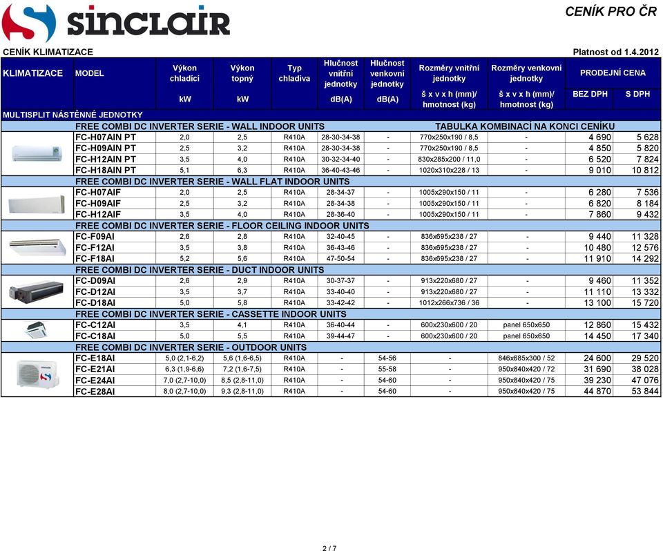 FREE COMBI DC INVERTER SERIE - WALL FLAT INDOOR UNITS FC-H07AIF 2,0 2,5 R410A 28-34-37-1005x290x150 / 11-6 280 7 536 FC-H09AIF 2,5 3,2 R410A 28-34-38-1005x290x150 / 11-6 820 8 184 FC-H12AIF 3,5 4,0
