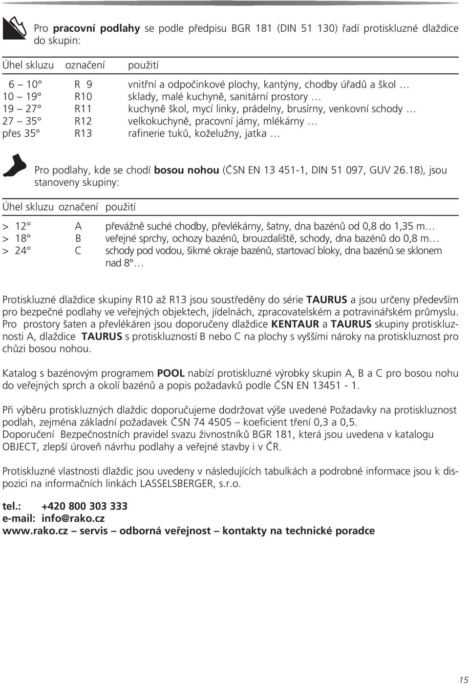 koželužny, jatka Pro podlahy, kde se chodí bosou nohou (ČSN EN 13 451-1, DIN 51 097, GUV 26.