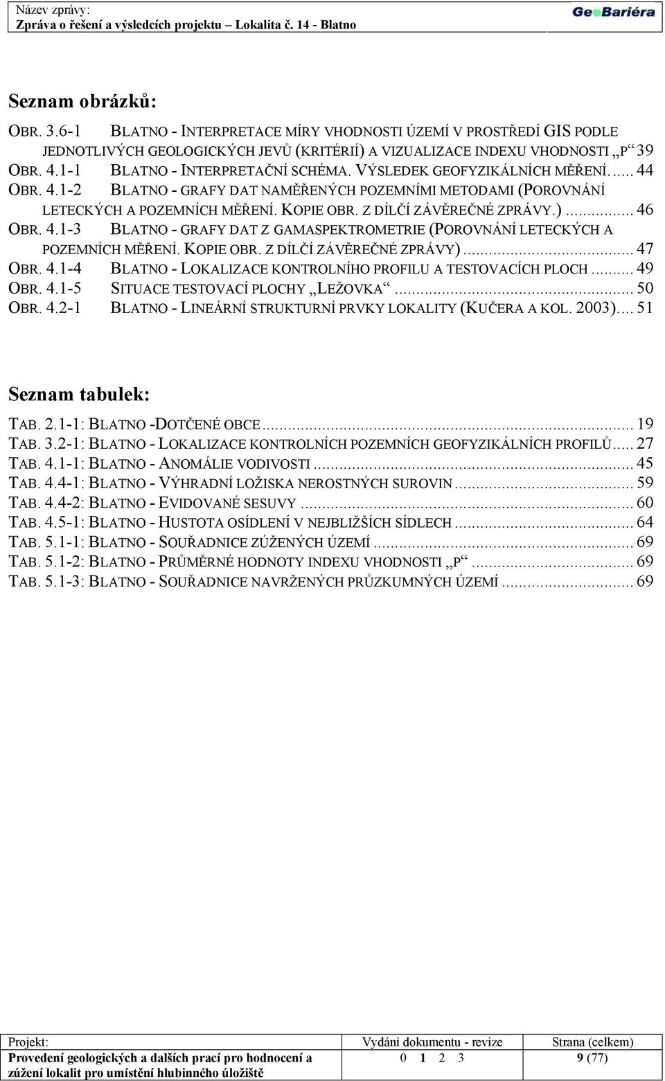 Z DÍLČÍ ZÁVĚREČNÉ ZPRÁVY.)... 46 OBR. 4.1-3 BLATNO - GRAFY DAT Z GAMASPEKTROMETRIE (POROVNÁNÍ LETECKÝCH A POZEMNÍCH MĚŘENÍ. KOPIE OBR. Z DÍLČÍ ZÁVĚREČNÉ ZPRÁVY)... 47 OBR. 4.1-4 BLATNO - LOKALIZACE KONTROLNÍHO PROFILU A TESTOVACÍCH PLOCH.