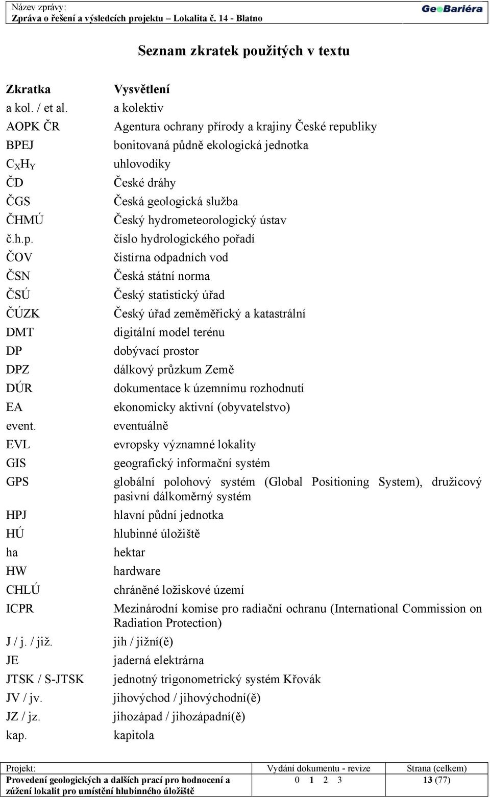 Vysvětlení a kolektiv Agentura ochrany přírody a krajiny České republiky bonitovaná půdně ekologická jednotka uhlovodíky České dráhy Česká geologická služba Český hydrometeorologický ústav číslo