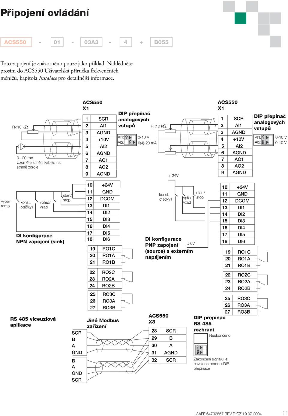 CS550 X1 DIP přepínač 1 SCR analogových R<10 kω 2 I1 vstupů R<10 kω 3 GND I1: 0-10 V 4 +10V I2: 0(4)-20 m 5 I2 0.