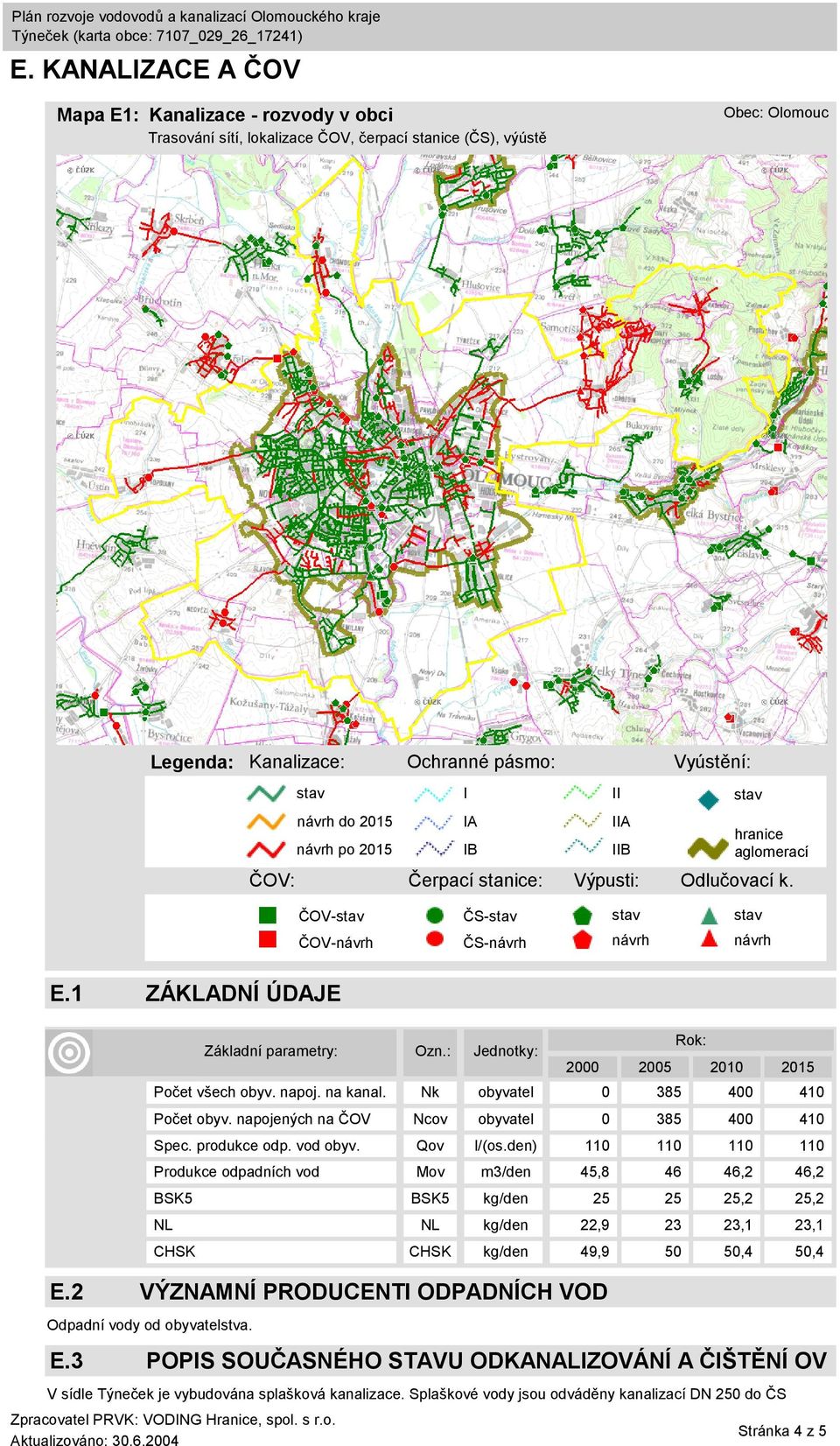 Základní parametry: Ozn.: Jednotky: 2000 2005 2010 2015 Počet všech obyv. napoj. na kanal. Nk obyvatel 0 385 400 410 Počet obyv. napojených na ČOV Ncov obyvatel 0 385 400 410 Spec. produkce odp.