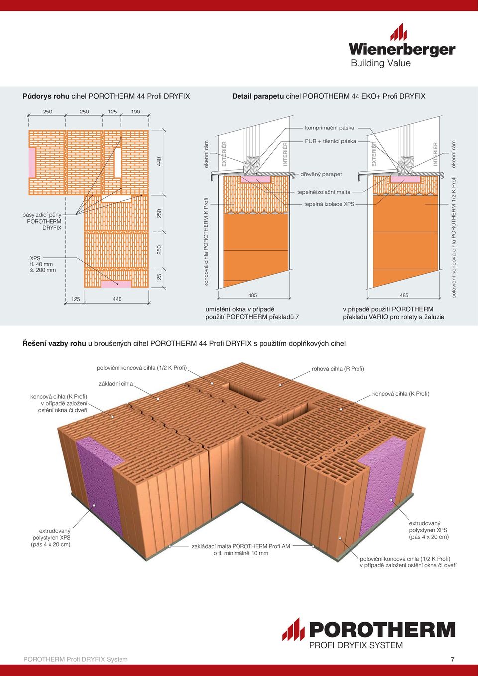 200 mm 125 440 250 250 125 koncová cihla POROTHERM K Profi tepelněizolační malta tepelná izolace XPS 485 485 umístění okna v případě použití POROTHERM překladů 7 v případě použití POROTHERM překladu