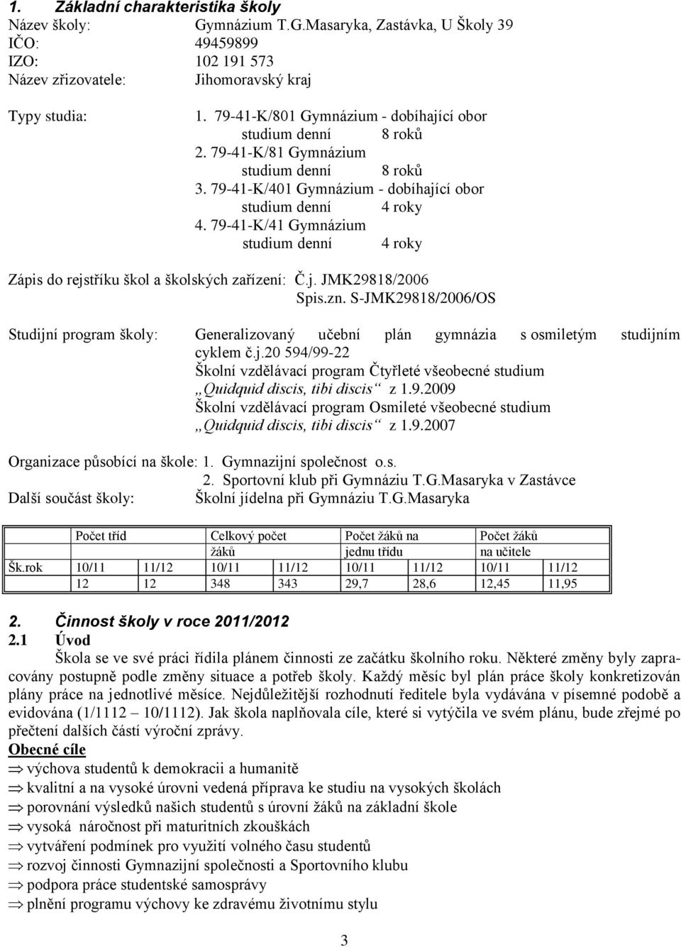 79-41-K/41 Gymnázium studium denní 4 roky Zápis do rejstříku škol a školských zařízení: Č.j. JMK29818/2006 Spis.zn.