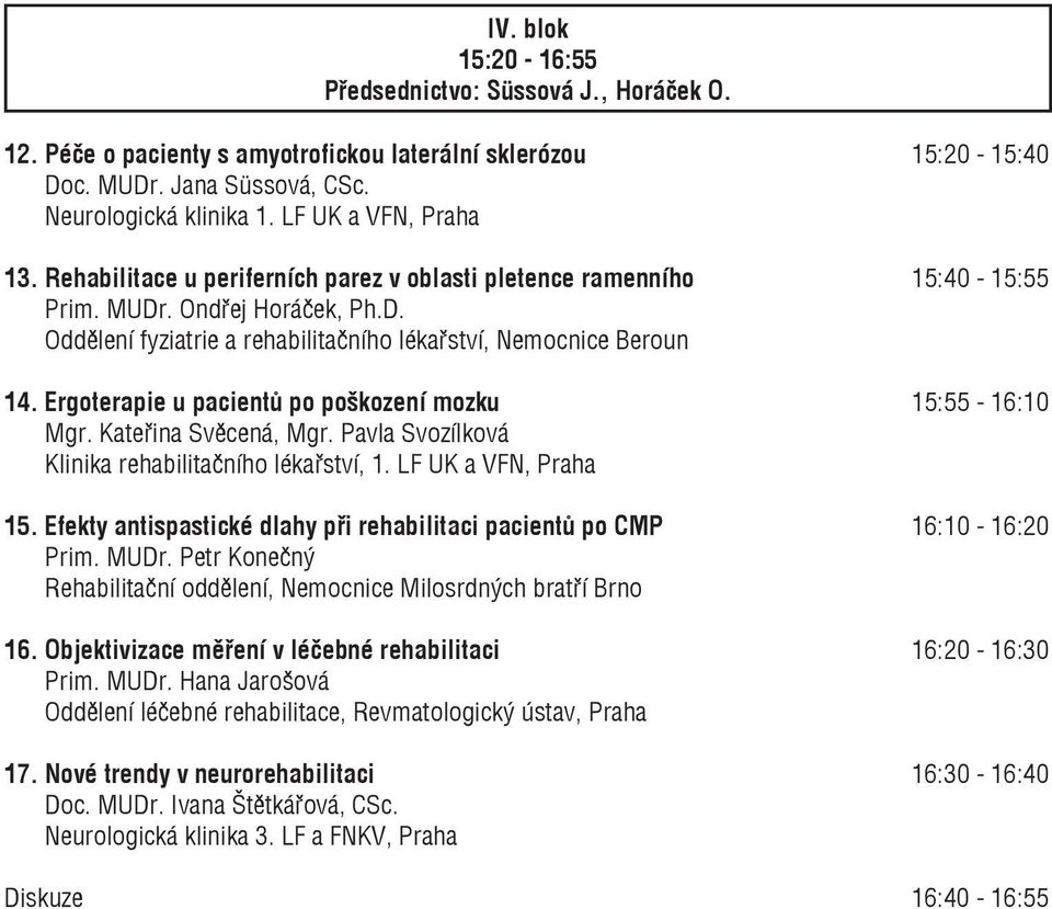 Ergoterapie u pacientů po poškození mozku 15:55-16:10 Mgr. Kateřina Svěcená, Mgr. Pavla Svozílková Klinika rehabilitačního lékařství, 1. LF UK a VFN, Praha 15.