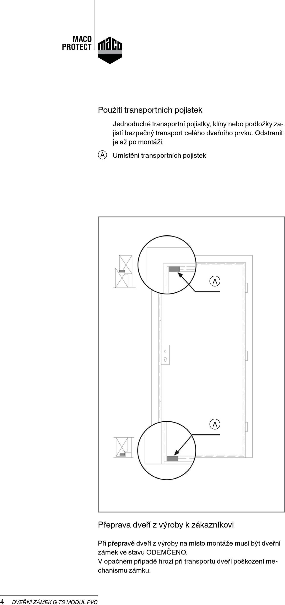 A Umístění transportních pojistek A A Přeprava dveří z výroby k zákazníkovi Při přepravě dveří z