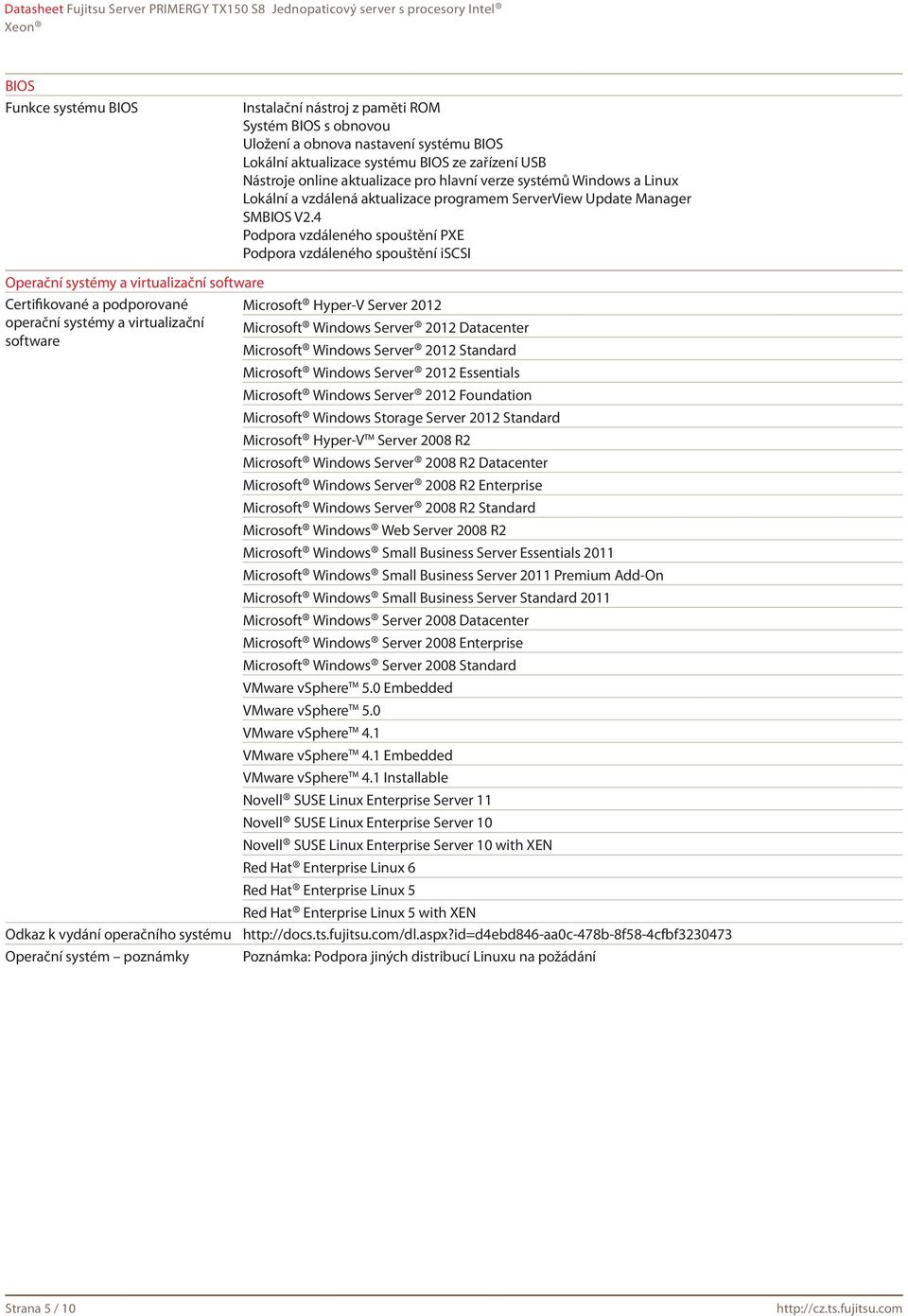 4 Podpora vzdáleného spouštění PXE Podpora vzdáleného spouštění iscsi Operační systémy a virtualizační software Certifikované a podporované Microsoft Hyper-V Server 2012 operační systémy a