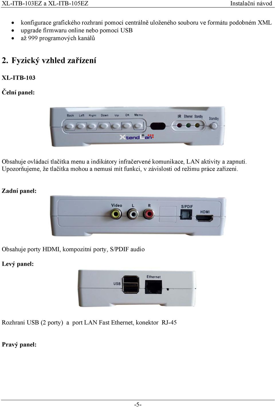 Fyzický vzhled zařízení XL-ITB-103 Čelní panel: Obsahuje ovládací tlačítka menu a indikátory infračervené komunikace, LAN aktivity a