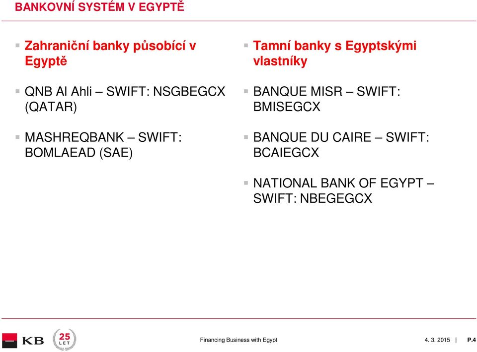 banky s Egyptskými vlastníky BANQUE MISR SWIFT: BMISEGCX BANQUE DU