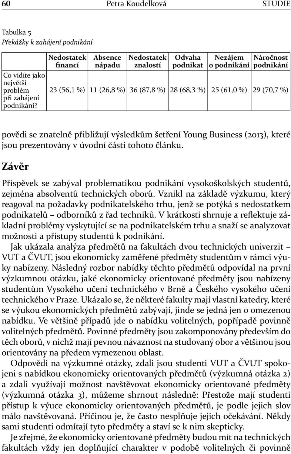 Business (2013), které jsou prezentovány v úvodní části tohoto článku. Závěr Příspěvek se zabýval problematikou podnikání vysokoškolských studentů, zejména absolventů technických oborů.