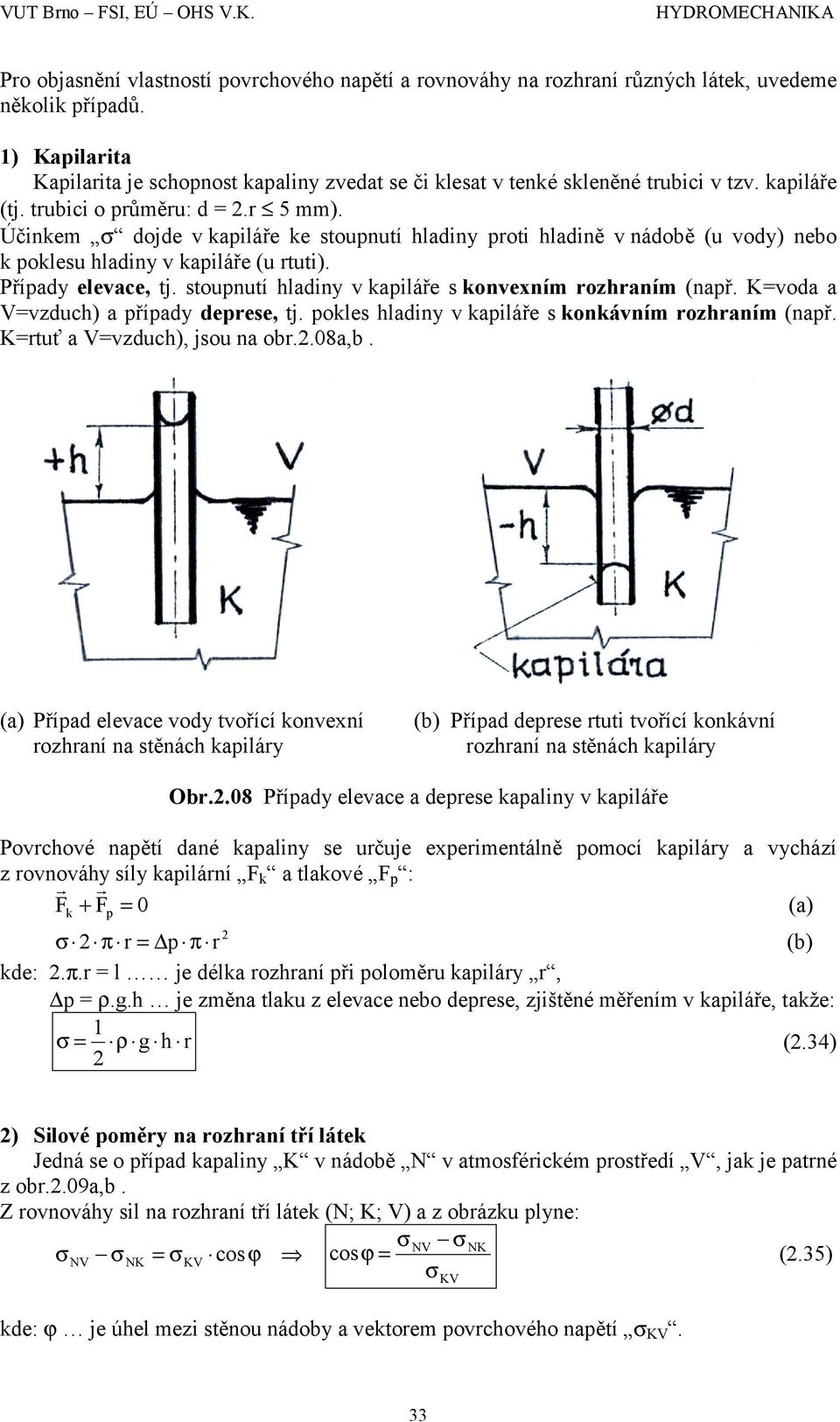 Účinkem σ dojde v kapiláře ke stoupnutí hladiny proti hladině v nádobě (u vody) nebo k poklesu hladiny v kapiláře (u rtuti). Případy elevace, tj.