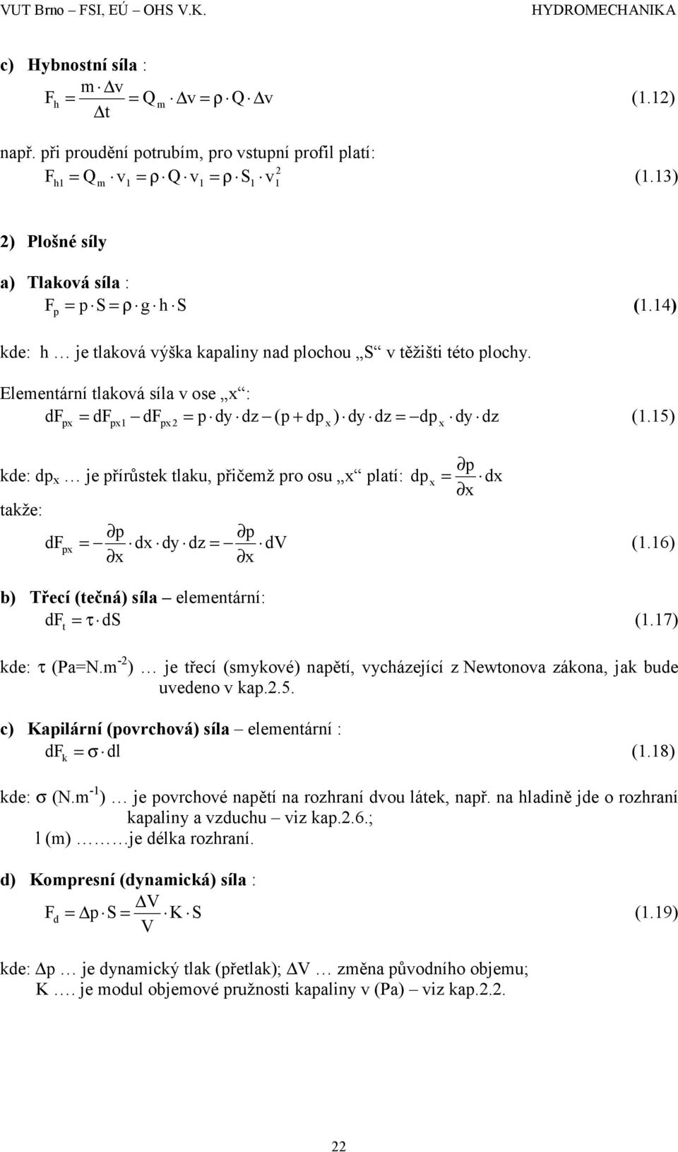 Elementární tlaková síla v ose x : df = df df = p dy dz (p + dp ) dy dz = dp dy dz (1.