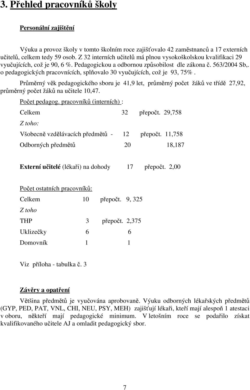 o pedagogických pracovnících, splňovalo 30 vyučujících, což je 93, 75%. Průměrný věk pedagogického sboru je 41,9 let, průměrný počet žáků ve třídě 27,92, průměrný počet žáků na učitele 10,47.