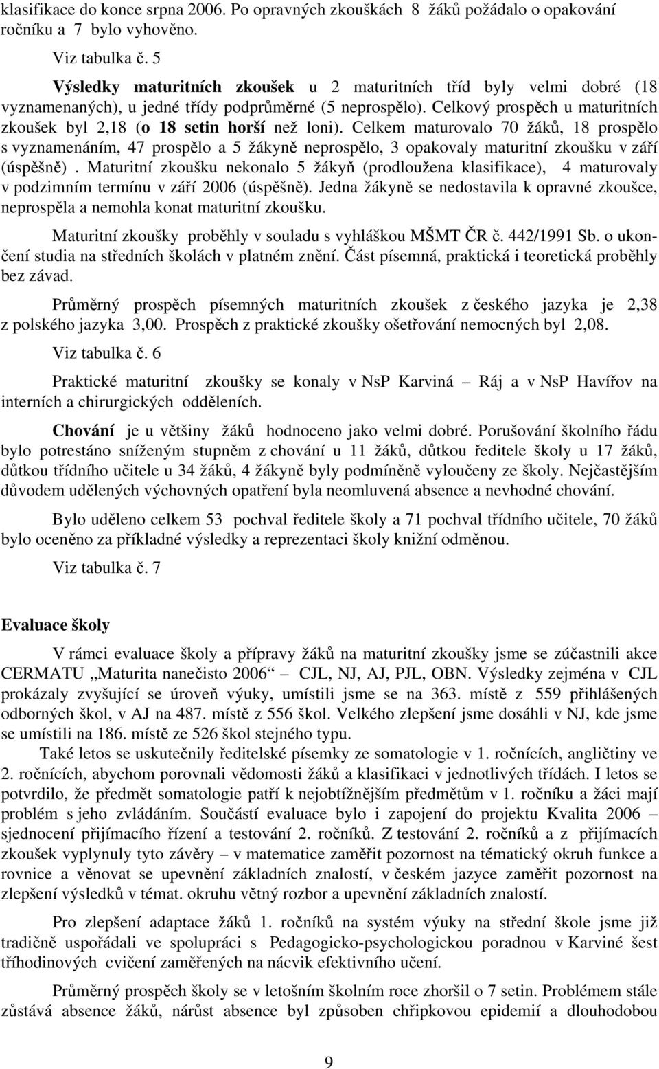 Celkový prospěch u maturitních zkoušek byl 2,18 (o 18 setin horší než loni).