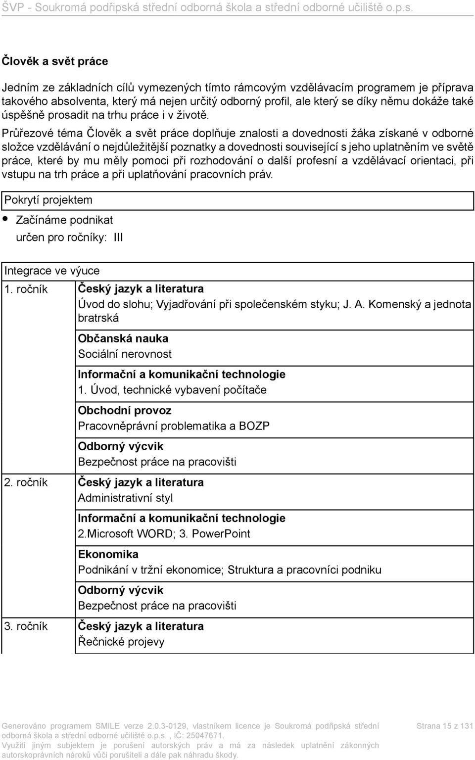 Průřezové téma Člověk a svět práce doplňuje znalosti a dovednosti žáka získané v odborné složce vzdělávání o nejdůležitější poznatky a dovednosti související s jeho uplatněním ve světě práce, které