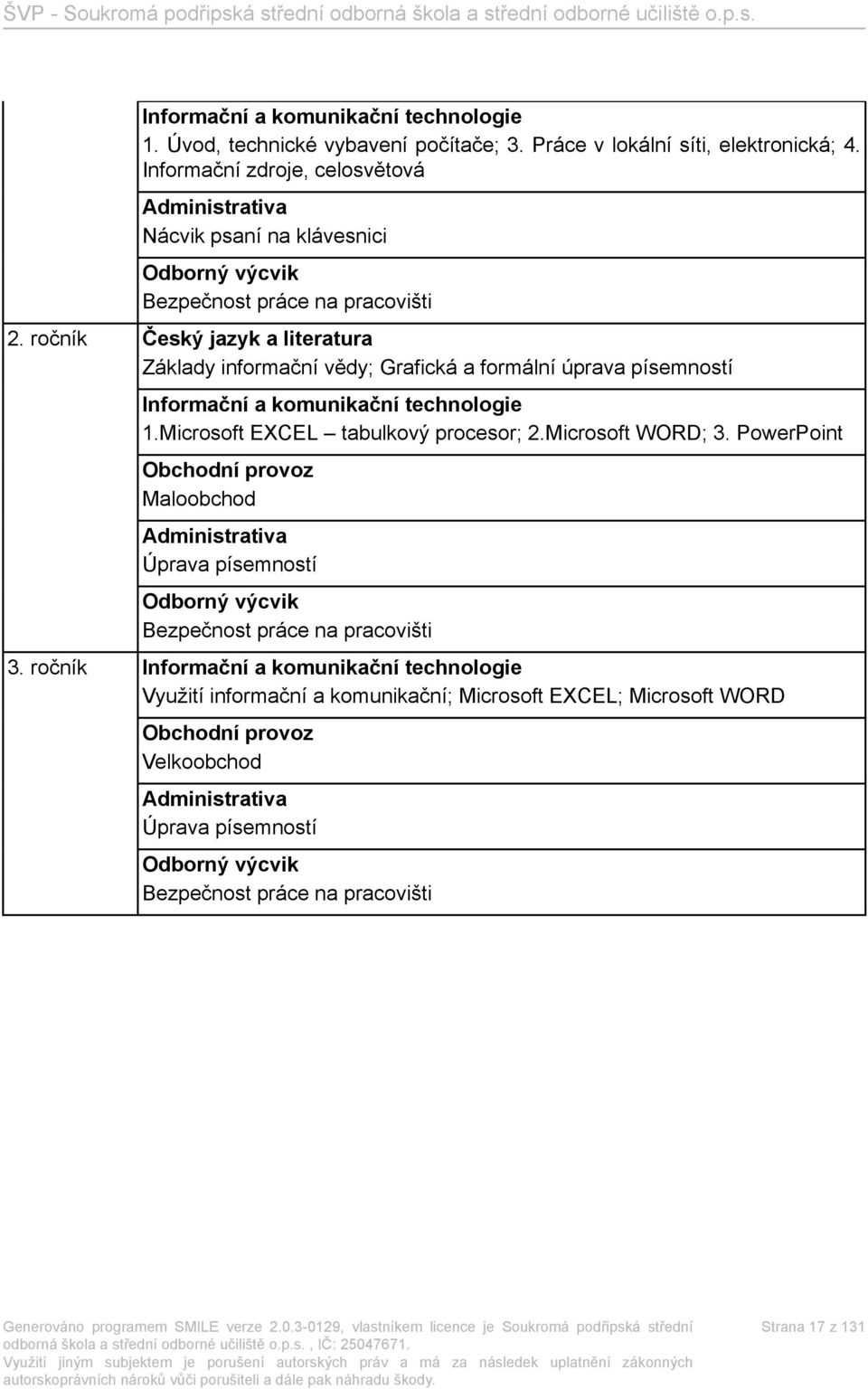 ročník Český jazyk a literatura Základy informační vědy; Grafická a formální úprava písemností Informační a komunikační technologie 1.Microsoft EXCEL tabulkový procesor; 2.Microsoft WORD; 3.