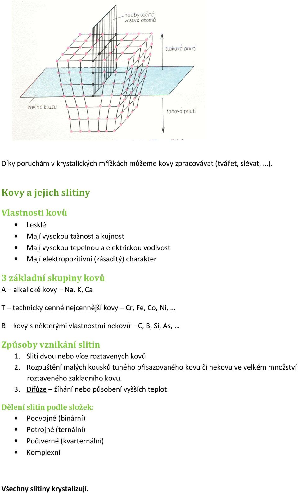 A alkalické kovy Na, K, Ca T technicky cenné nejcennější kovy Cr, Fe, Co, Ni, B kovy s některými vlastnostmi nekovů C, B, Si, As, Způsoby vznikání slitin 1.