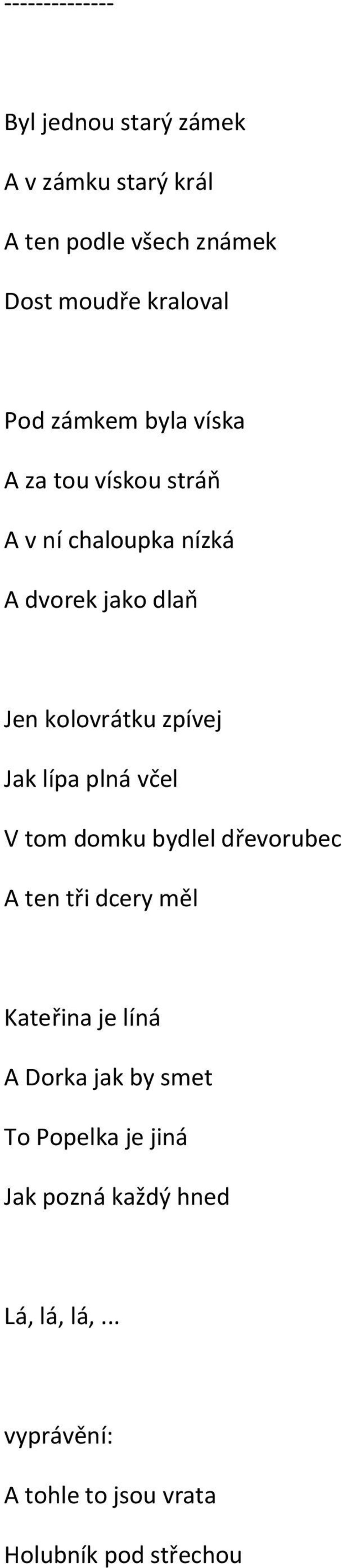 zpívej Jak lípa plná včel V tom domku bydlel dřevorubec A ten tři dcery měl Kateřina je líná A Dorka jak