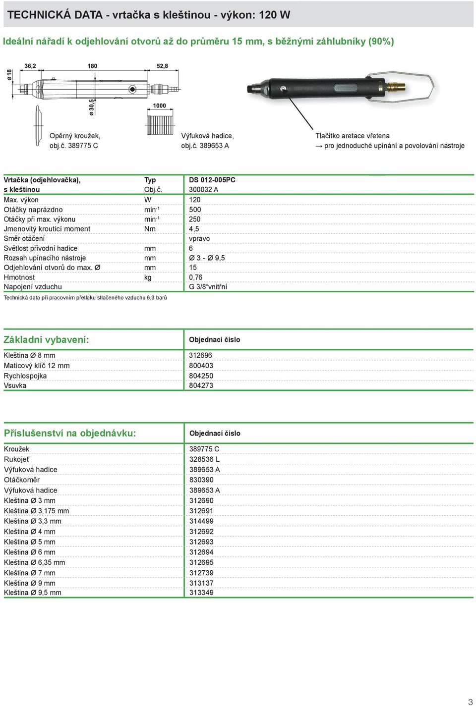 výkonu min -1 250 Jmenovitý krouticí moment Nm 4,5 Směr otáčení vpravo Světlost přívodní hadice mm 6 Rozsah upínacího nástroje mm Ø 3 - Ø 9,5 Odjehlování otvorů do max.