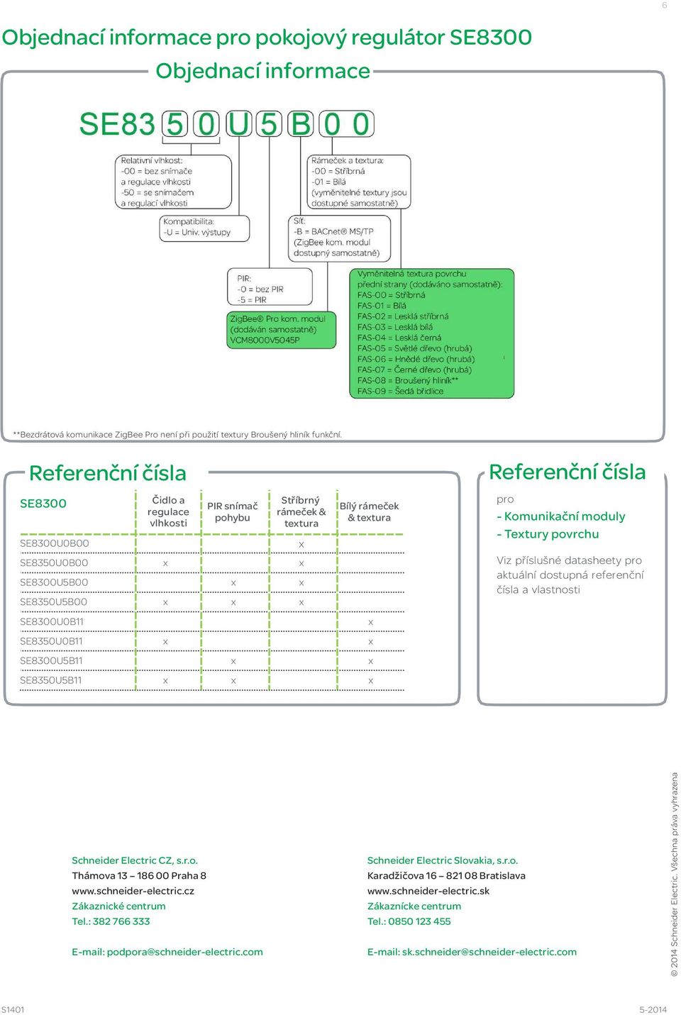 Referenční čísla pro - Komunikační moduly - Textury povrchu Viz příslušné datasheety pro aktuální dostupná referenční čísla a vlastnosti SE8350U0B11 x x SE8300U5B11 x x SE8350U5B11 x x x Schneider